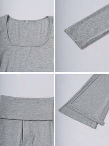 GAOVOT Women's Y2K Style Fitted Sexy Solid Color Square Neck Long Sleeve Top & Flared Pants 2-Piece Sportswear Set, Spring/Summer Casual - Gray - View 10