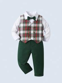 BOARNSEORL 3 Stücke Anzug-Set für junge Herren: Langarm-Weißes Hemd mit Fliege, Weste und Hose, modisches, stilvolles Outfit für Geburtstagsparty, formelles Abendessen, Outdoor-Hochzeit, Pageboy