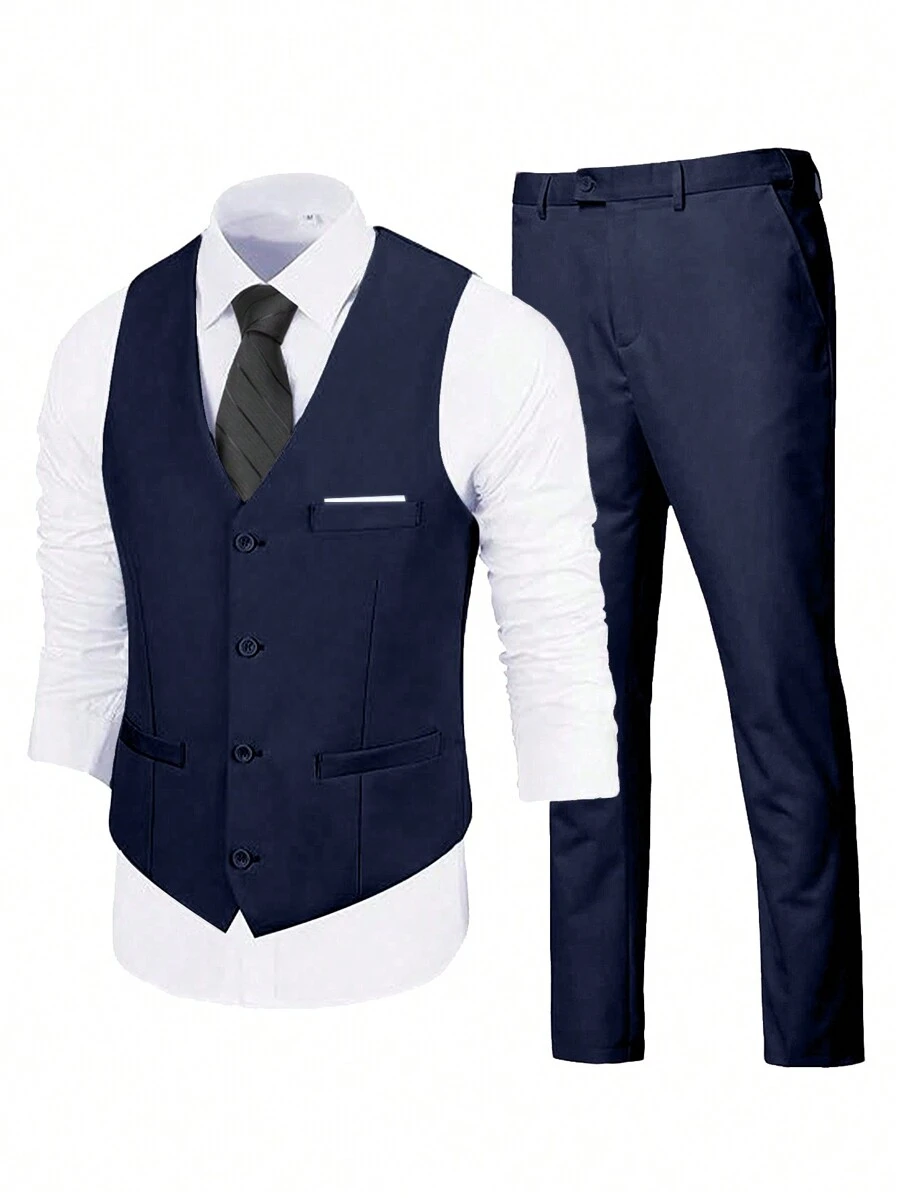 Traje de 3 piezas para hombre Furuyal, elegante, unicolor, ajuste delgado, conjunto de chaleco, pantalones y corbata para caballero, para negocios, traslado, boda, fiesta, color azul marino, tallas desde XS hasta 3XL - Ver 1