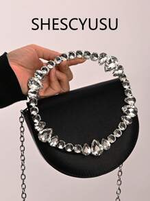 Bolsa de ombro elegante de cetim, bolsa feminina com strass 3D, bolsa de noite com cristais assimétricos extremamente brilhantes, bolsa de noite com formato de lágrima cristalizada brilhante, bolsa clutch vintage superglamourosa de fada de cetim, bolsa clutch redonda com strass para gala, presente de dia dos namorados, leve e portátil, alça removível, fecho de aba, preto, forro de poliéster, sem estampa, não lavável, adequada para uso diário ou festas