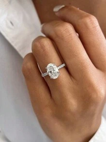 1枚925纯银闪亮椭圆形订婚戒指/结婚戒指，女士承诺戒指/永恒戒指，精致珠宝礼品 - 銀色 - 查看 5