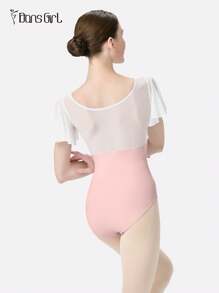 DonsGirl 一件装女士芭蕾舞紧身衣 - 浪漫仙女荷叶边袖子和网纱拼接连体衣，适合空中瑜伽、花样滑冰和表演服装 - 淺粉色 - 查看 7