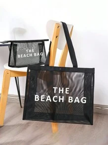 Large Capacity Mesh Bag Set,"The Beach Bag "Pattern Printed Mesh Bag,Mesh Beach Bag Tote Bag ,Mesh Cosmetic Storage Bag,Foldable Swim Large Capacity Beach Bag Waterproof Sandproof,Letter Decor Mesh Beach Tote Women Shoulder Handbag,Personalized Gift Bag, Makeup Bag, Perfect For Beach Vacation, Travel, Shopping, And Vacation Essentials