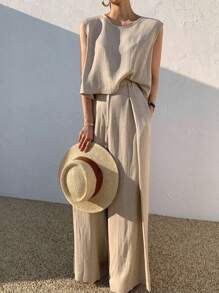 2pcs/Set Casual Relaxed Fit Tank Top And Wide Leg Pants For Women, Simple Elegant