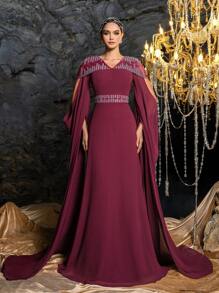 Vintage Crystal Decor Extra Long Sleeve Chiffon Formal Dress/Maxi Dress/Mid-Length Dress - Burgundy - View 8