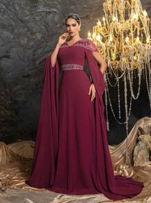 Vintage Crystal Decor Extra Long Sleeve Chiffon Formal Dress/Maxi Dress/Mid-Length Dress - Burgundy - View 10