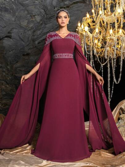 Vintage Crystal Decor Extra Long Sleeve Chiffon Formal Dress/Maxi Dress/Mid-Length Dress