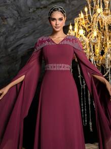 Vintage Crystal Decor Extra Long Sleeve Chiffon Formal Dress/Maxi Dress/Mid-Length Dress - Burgundy - View 11