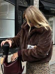 HH Women Casual Cropped Faux Fur Lapel Jacket Winter Fashion Shaggy Long Sleeve Warm Coat With Pockets - màu nâu - Xem 5