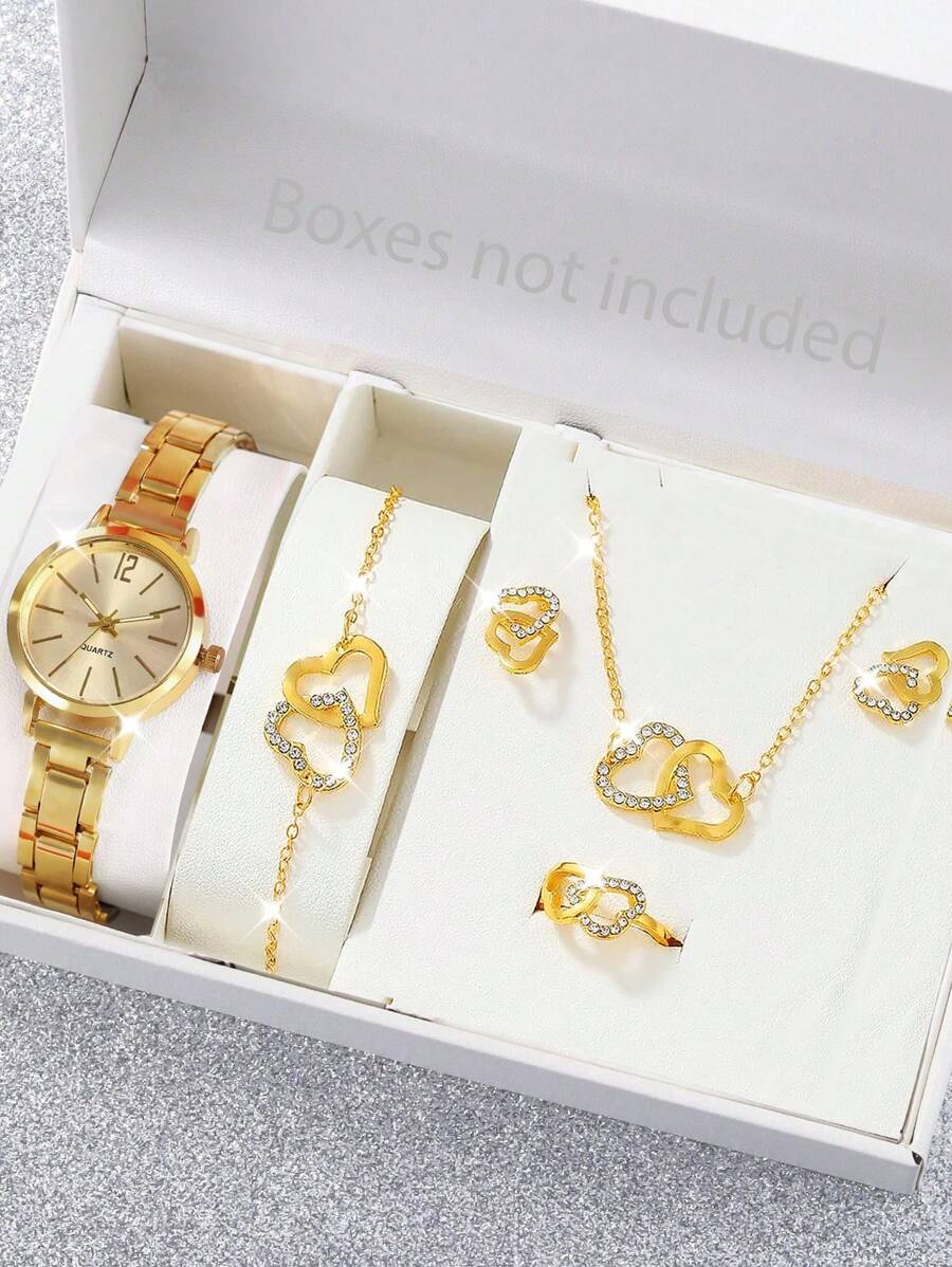 1set Stainless Steel Band Quartz Watch With Simple Dial + 6pcs Jewelry Set For Girl, Fashion - Gold - View 1
