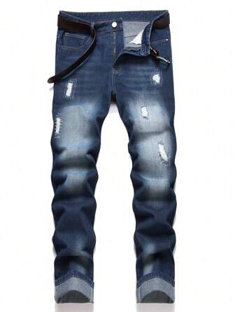 Men's Fashion Distressed Denim Jeans, Streetwear Style, Suitable For All Seasons