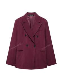 Chaqueta de blazer burdeos elegante para mujer, de manga larga con solapa entallada y doble botonadura, abrigo de vestir para oficina y negocios