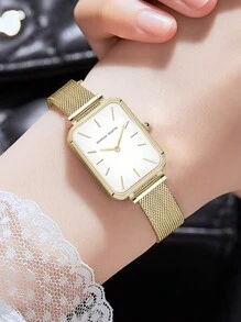 HANNAH MARTIN 1 Stück Mode Quadratische Uhr 34mm Rosegold&Silber&Gold&Schwarz, minimalistischer Stil, original japanisches importiertes Uhrwerk, Edelstahl Mesh Armband, Damen Lässig Armbanduhr