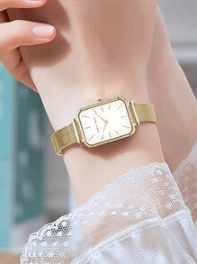 HANNAH MARTIN 1 Stück Mode Quadratische Uhr 34mm Rosegold&Silber&Gold&Schwarz, minimalistischer Stil, original japanisches importiertes Uhrwerk, Edelstahl Mesh Armband, Damen Lässig Armbanduhr