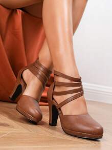 秋冬女士棕色高跟凉鞋，多条踝带拉链设计，粗跟，圆头，镂空，舒适优雅，适合夏季穿着，优雅，适合派对，女士厚底高跟鞋 - 棕色 - 查看 1