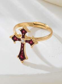 1pc Original  Faith Cross-Shaped Ring With Metal Inlay And Rhinestone Opening Design