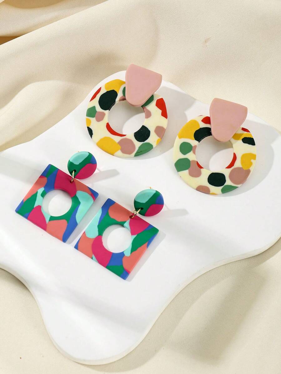 Bohemian Exaggerated Geometric Circle Earrings Fashion Colorful Printing Contrast Color Polymer Clay Earrings For Women Vacation Jewelry Gifts - Colored Earrings - View 1