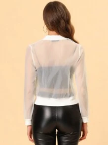 Women's Mesh Sheer Jacket See Through Long Sleeve Zip Up Bomber Jacket - White - View 3