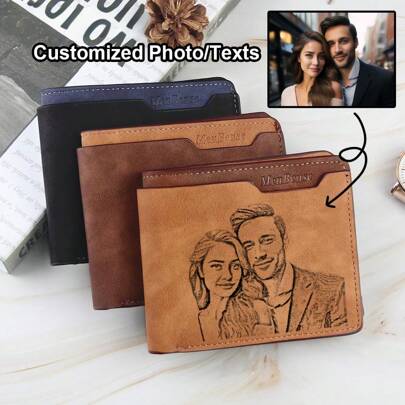 Una billetera con foto grabada a medida, una billetera corta personalizada para hombres, hecha de piel sintética de PU, una monedero, una billetera de papá, un regalo de aniversario, un regalo de cumpleaños de papá, un regalo de boda, un regalo para tu novio/él/papá/esposo, o un regalo del Día de San Valentín.