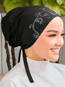 1pc Women Spring New Muslim Ruffle Diamond Beanie Hat, Fashionable Minimalist Casual Versatile Cap, Suitable For Daily Wear, All Seasons Hijab - 01-black - View 1