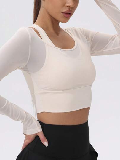 1件装女士网眼长袖短款瑜伽运动T恤，内置胸垫