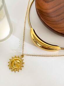 Monlansher 1pc Women's Stainless Steel Pendant Necklace, Fashion Metal Sun Flower & Smiling Face Hollow Curved Tube Pendant Design On Snake Chain, Stylish Layered Necklace