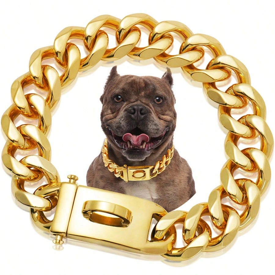 Strong Stainless Steel Dog Collar Choke With Buckle Lock Golden Cuban Link Chain Training Collar For Pets Metal Necklace - Gold - View 1