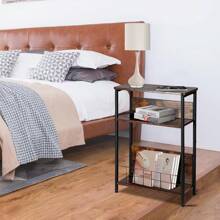 Vintage Slim Side Table, 3-Tier Modern End Table For Narrow Spaces, 24.6" Height, Small Nightstand With Storage Shelf & Magazine Rack, Space-Saving Design For Sofa Or Bedside Grey - 棕色 - 查看 5
