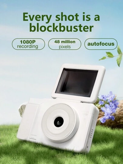 1080P FHD 48MP 紧凑型数码相机，配备防抖、32GB 卡、16 倍变焦、USB 充电、补光灯、白色/绿色/黑色 - 青少年的理想圣诞节和生日礼物