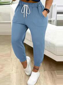Women's Solid Color Casual Drawstring Waist Harem Pants - Baby Blue - View 4