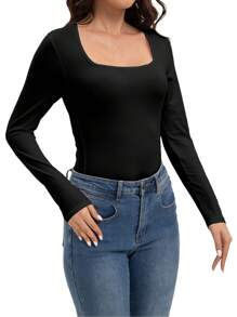 KAHULE Women's Square Neck Sexy Long Sleeve Shirts  Tops  Basic Fall Fashion Slim Fit T Shirts Blouses For Going Out - 黑色 - 查看 3
