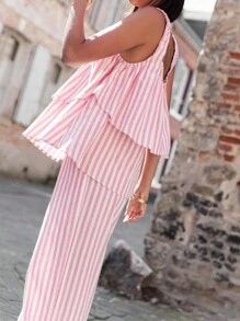 Women Elastic Strap Loose Layered Blouse & Wide Leg Relaxed Pants Set, Casual For Daily & Holiday Wear, Suitable For Spring & Summer - Pink and White Stripes - View 2