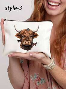 白色优雅高地牛主题化妆包卡通牛图案手提包及配套化妆包/零钱包，牛与向日葵图案，-轻盈无味的涤纶旅行洗漱包，高低牛配紫色花朵，适合自然爱好者和女性 - 彩色 - 查看 5