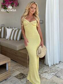 Sexy Knit Handmade Crochet Dress Summer Spaghetti Strap Bodycon Holiday Y2k Knit Halter Valentine Day New Years Women Dress - Yellow - View 6