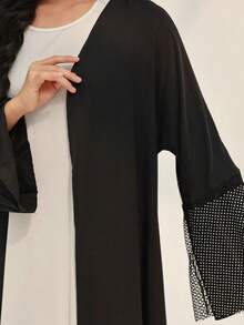 1 件女士简约水钻袖口纯色长款 Abaya，优雅 Maxi 长款 Abaya 长袍 - 黑色 - 查看 5