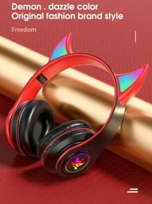 Auriculares diadema con cuernos de diablo inalámbricos iluminados, auriculares plegables de graves intensos - Negro - Negro - Ver 2