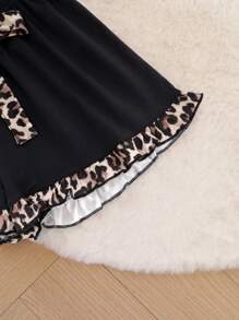 2 Pcs Women All-Over Leopard Print Contrast Color Short Sleeve Top And Shorts Pajama Set, Suitable For All Seasons, Pockets Lapel Button Front Top & Bow Shorts, Casual Suit, Two Pieces Set - Black - View 12