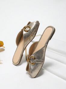 Hot-Selling Solid Color Metal Buckle Peep-Toe Slippers For Women To Wear Outside In Summer Flat Bottom Soft Sole French Style Simple Internet Celebrity Style - Gold - View 9