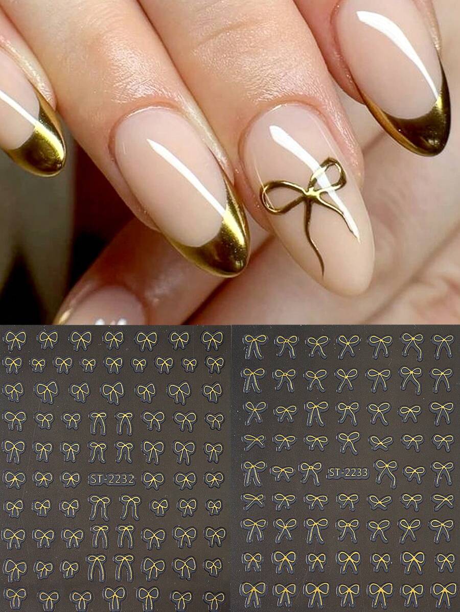 2 件金色蝴蝶结设计指甲贴纸婚礼饰品贴花自粘滑块 DIY 美甲配件工具美甲用品