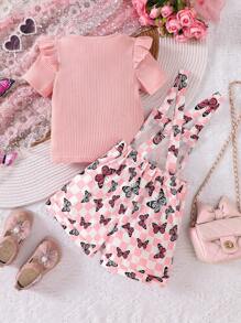 Young Girls Ribbed Solid Color Cap Sleeve Ruffle Top & Butterfly Print Strap Shorts 2 Pieces Set, Spring/Summer
