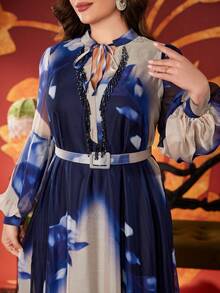 Plus Size Tie Neck Beaded Accent Front Petal Sleeve Tie Dye Elegant Long Dress (Random Cut)
