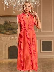 Elegant Pleated Ruffled Long Dress, Summer Dress, V-Neck Ruffled Waist Slimming A-Line Pleated Dress, Wedding Dress - Orange - View 1