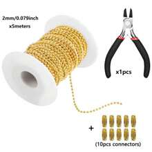 5 米英尺不锈钢链条，1.2-4 毫米珠链，带 10 个球形连接扣和钳子，用于项链悬挂装饰钥匙链狗宠物牌金色 - 彩色 - 查看 18