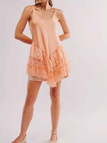 Women's Summer Sleevelesss Dress Lace Patchwork Deep U-Neck Backless Mini Loose Dress - 橘色 - 查看 4