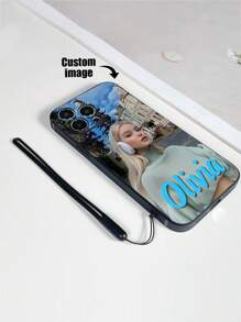 1 Funda de teléfono personalizable de TPU negro y 1 correa de silicona negra para cordón, compatibles con iPhone, Galaxy, Redmi y talla grande modelos de teléfono