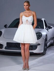 性感浪漫网眼腰线透明花卉细节露背派对礼服，适合鸡尾酒会/晚会、婚礼宾客礼服 - 白色 - 查看 6