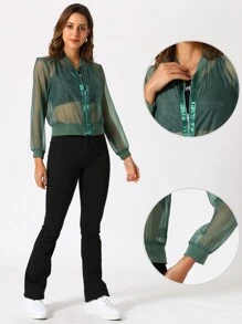 Women's Mesh Sheer Jacket See Through Long Sleeve Zip Up Bomber Jacket - Green - View 2