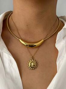 Monlansher 1pc Women's Stainless Steel Pendant Necklace, Fashion Metal Sun Flower & Smiling Face Hollow Curved Tube Pendant Design On Snake Chain, Stylish Layered Necklace