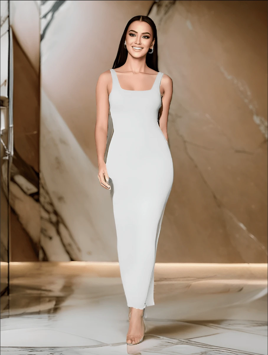 Women's Square Neck Fitted Long Dress - White - View 1