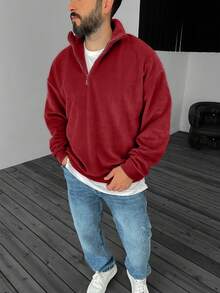 Men's Simple Casual Stand Collar Half Zip Sweatshirt - Red - View 4